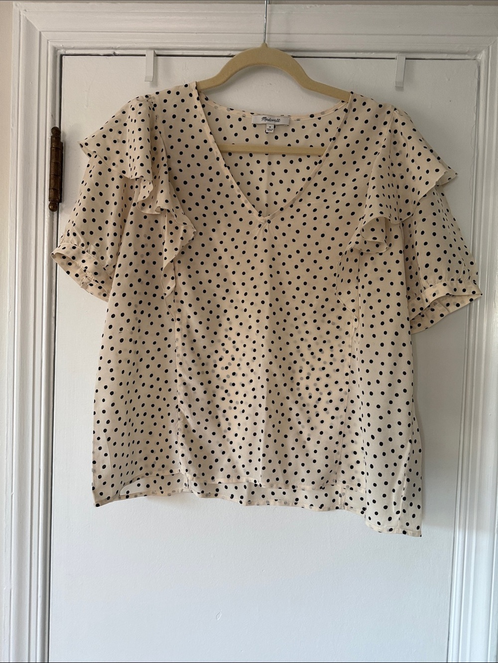 Madewell Silk V Neck Ruffle Top in Inkbrush Dots